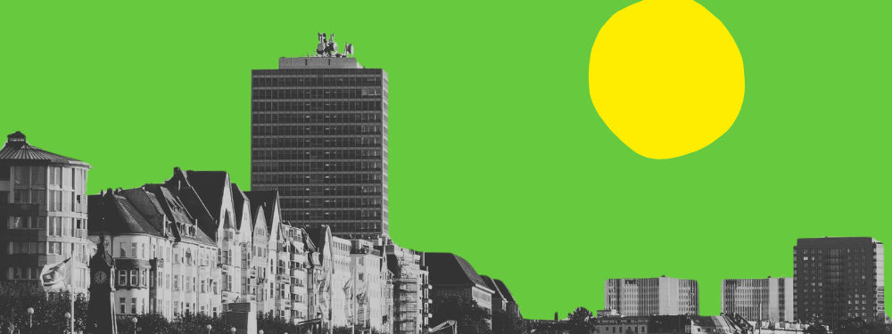 Collage: Skyline von Düsseldorf vor grünem Hintergrund mit gleber Sonne.