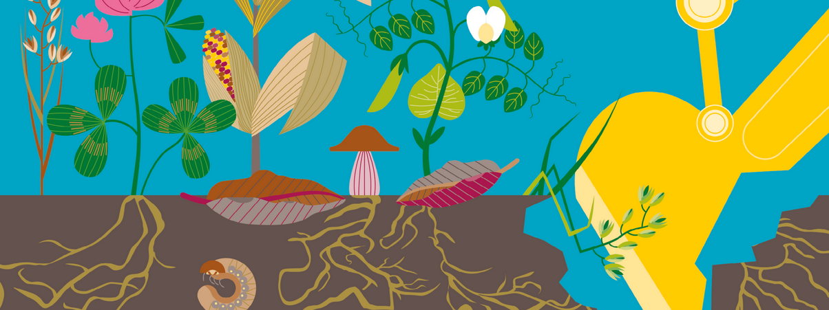 Eine Grafik, die Pflanzen, durwurzelten Boden und eine Baggerschaufel zeigt.