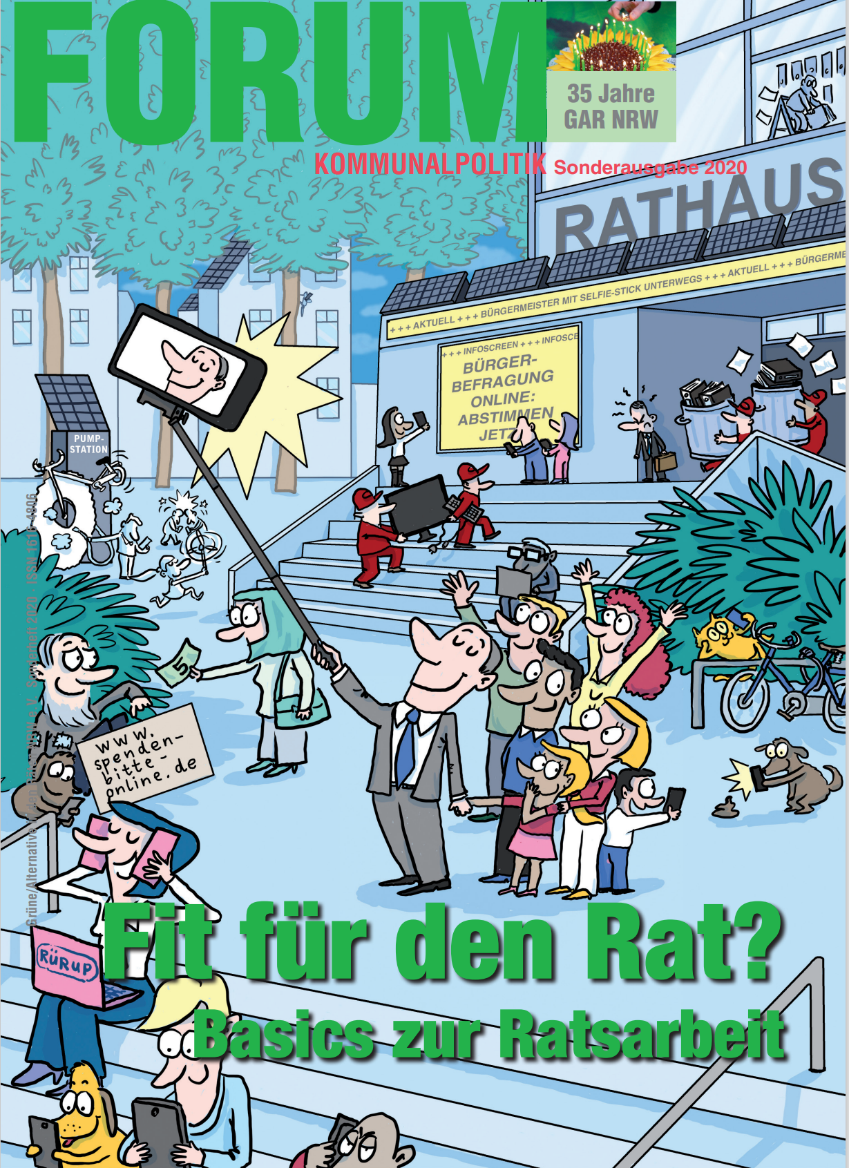 Cover mit Illustrationen vor einem Rathaus