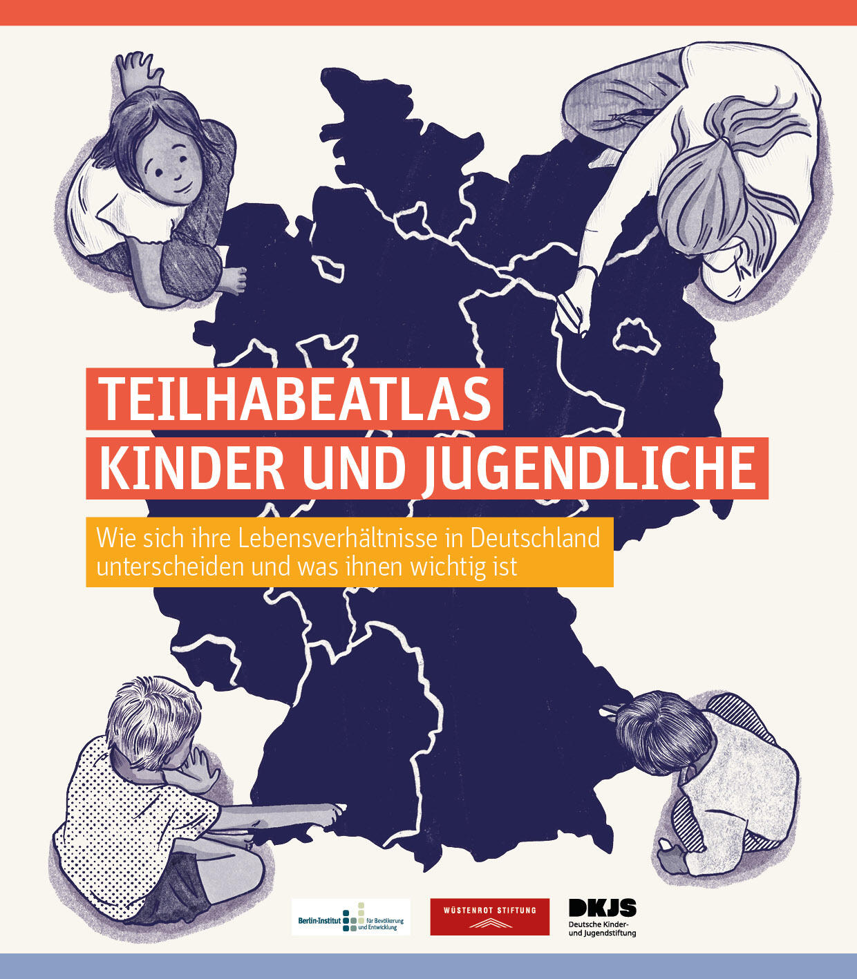 Titel Jugendteilhabeatlas Berlin Institut, Zeichnung einer Deutschlandkarte mit vier Kindern