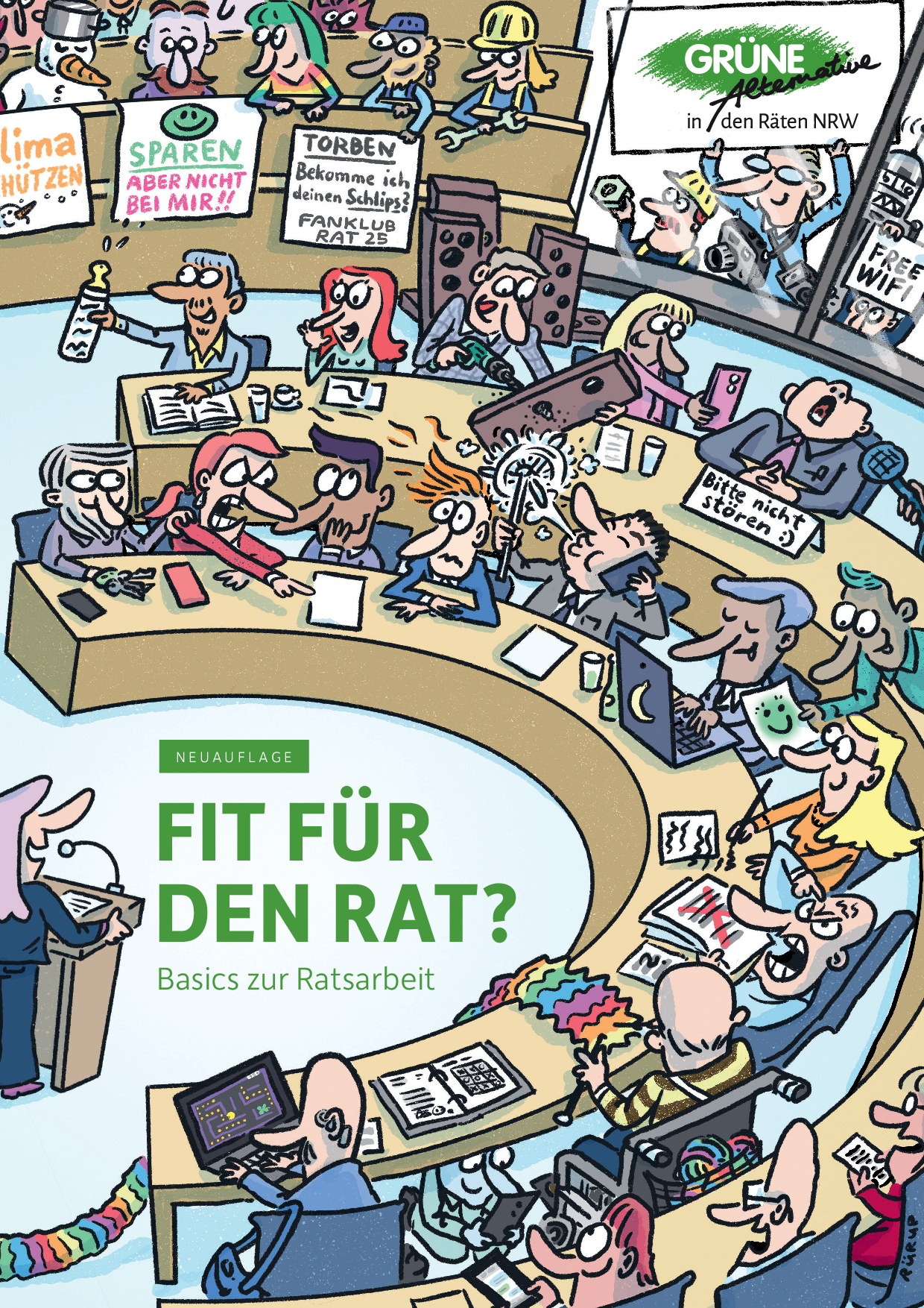 Titelbild der Broschüre Fit für den Rat - ein Wimmelbild einer Ratssitzung
