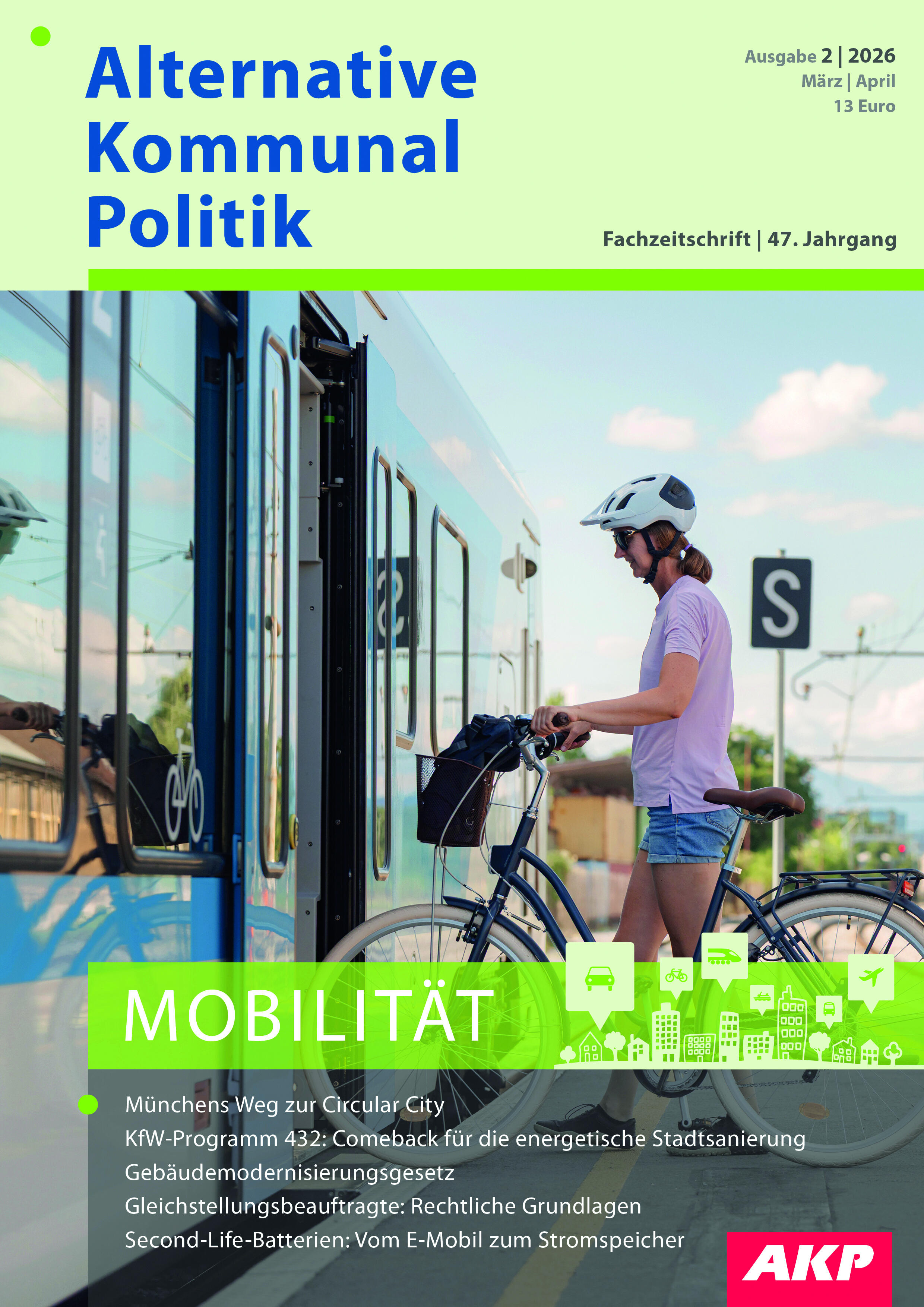 Titelbild AKP 2/2026 - Eine Fahrradfahrerin steigt an einem schönen Sommertag mit ihrem Rad in die Bahn.