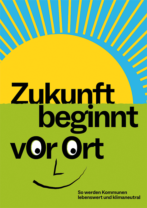 Titelbild "Zukunft beginnt vor Ort". Eine Sonne mit einem lachenden Gesicht