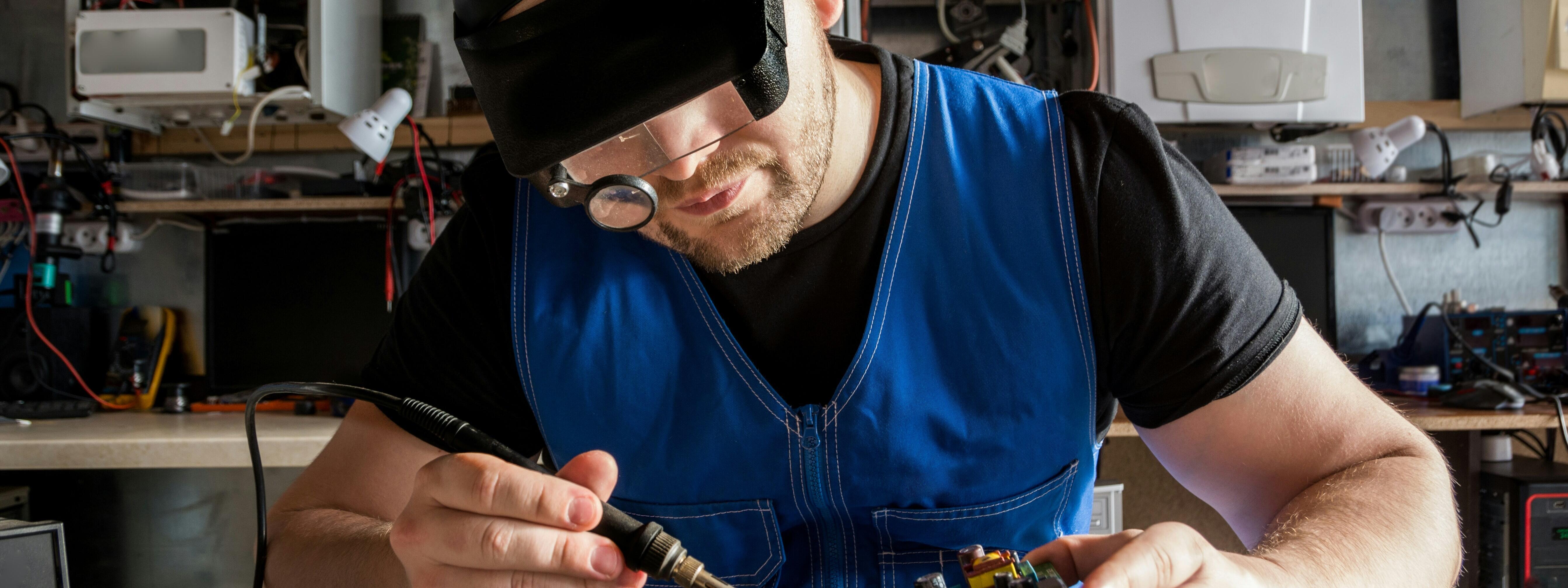 Reparieren statt wegwerfen: Eine Person mit Lupenbrille schraubt an einer Platine