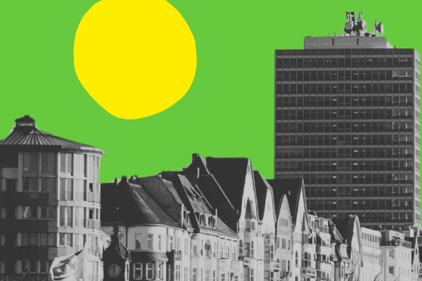 Collage Skyline Düsseldorf vor grünem Hintergrund mit gelber Sonne