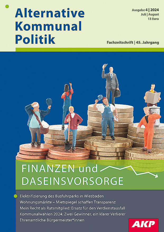 Titelbild der Ausgabe 4/24 der Fachzeitschrift Alternative Kommunalpolitik (AKP) - Finanzen und Daseinsvorsorge